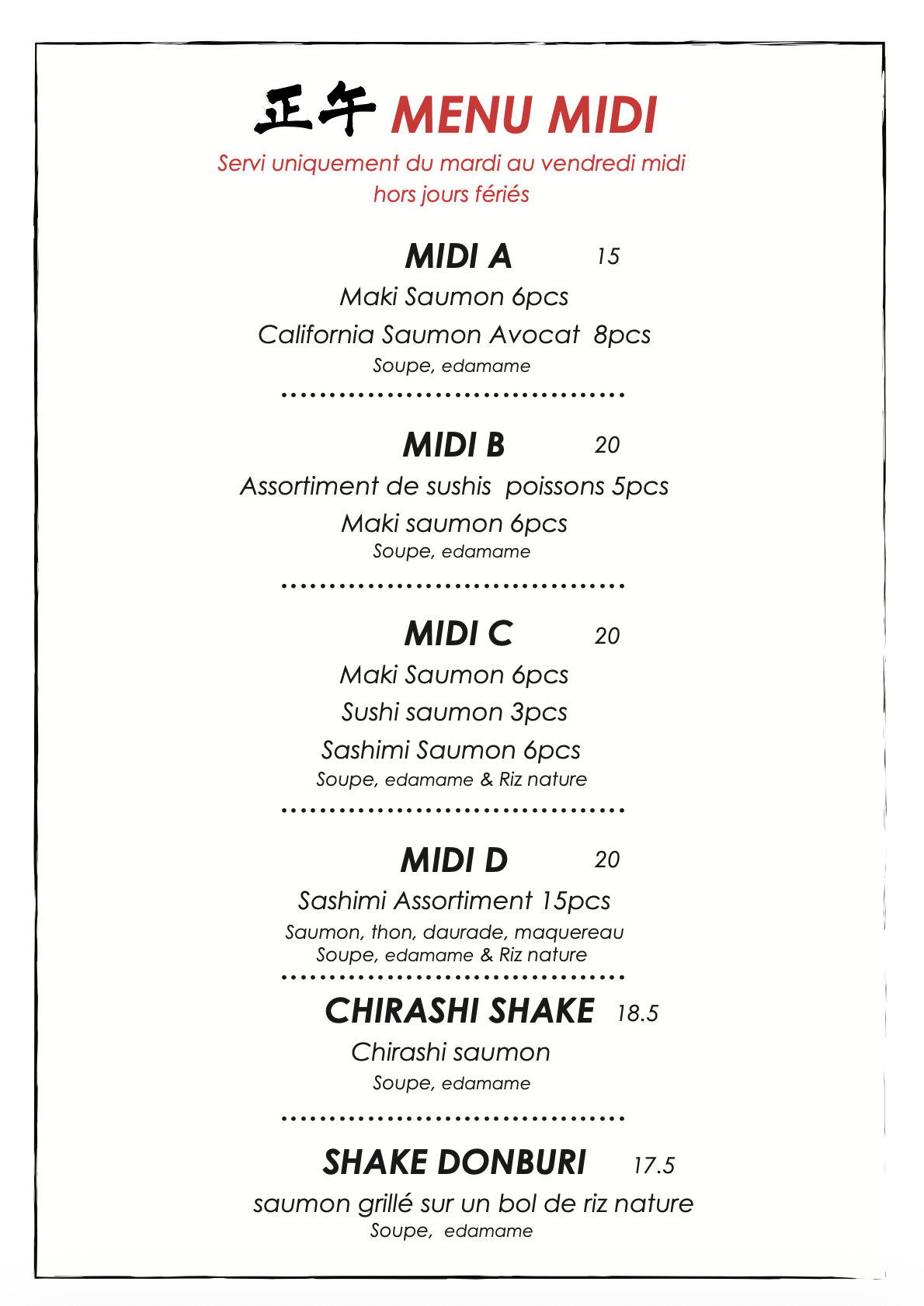 Carte Kanpai Paris : menus du midi